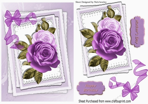 Pretty purple painted roses on lace with organza bow