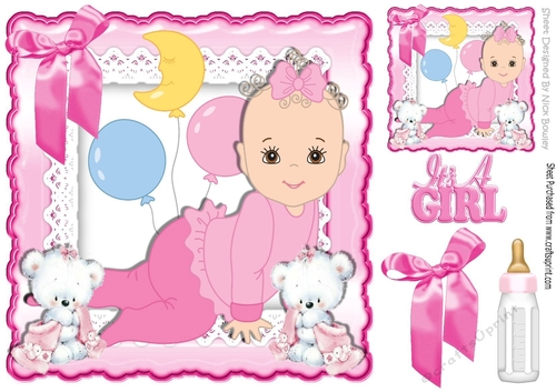 Cute little baby girl, with cuddly bears and her bottle with bow 8x8