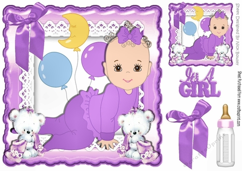 Cute little baby girl, with cuddly bears and her bottle with purple bow 8x8