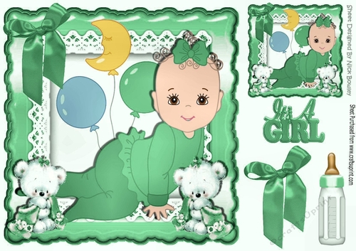 Cute little baby girl, with cuddly bears and her bottle with green bow 8x8