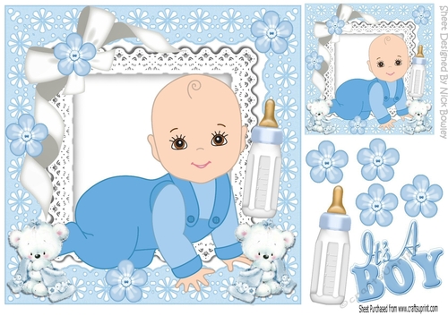 Little boy blue, with his bottle and teddies on lace 8x8