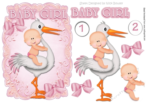 cute baby girl sat on a stork with bow