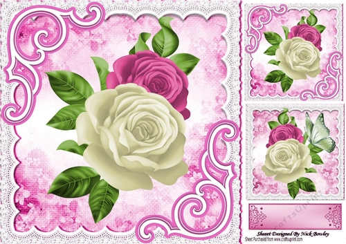 pretty white and pink roses with lace and butterflies 8x8