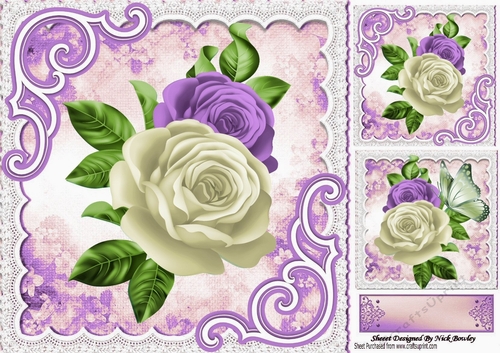 pretty white and lilac roses with lace and butterflies 8x8