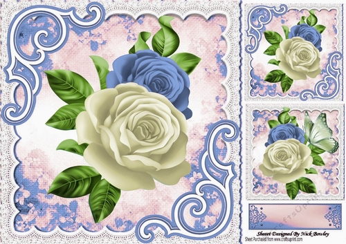 pretty white and blue roses with lace and butterflies 8x8