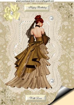 Elegant Lady in Gown on Ecru Lace with Pearls A4 Topper