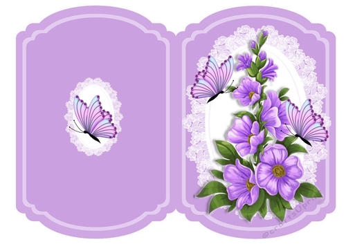 Lilac flowers with butterflies on lace bracket quick card