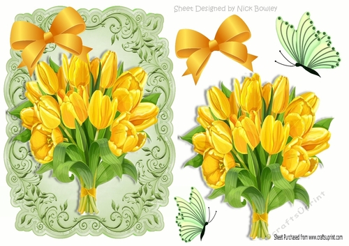 pretty yellow tulips with green butterflies and yellow bow