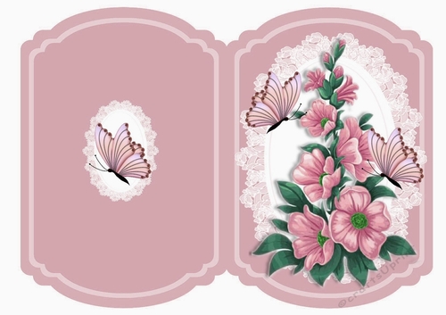 rose pink flowers with butterflies on lace bracket quick card