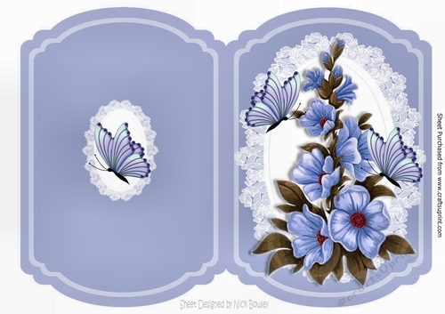 cornflower blue flowers with butterflies on lace bracket quick card