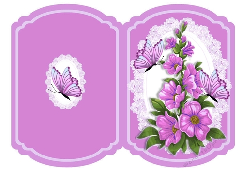 pink flowers with butterflies on lace bracket quick card