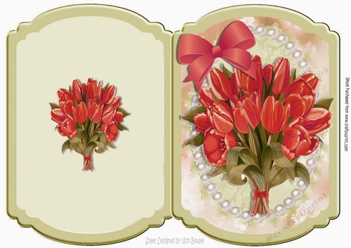 pretty red tulips with bow & pearls bracket card