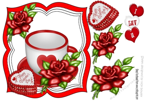 Morning cuppa for the one i love, with red heart & rose 