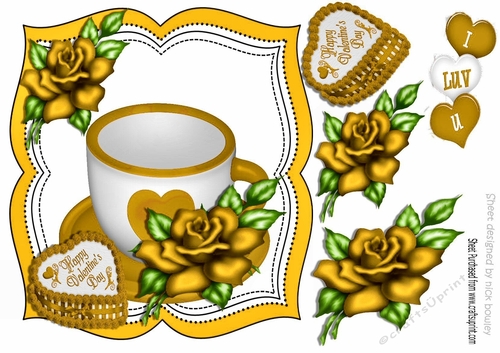 Morning cuppa for the one i love, with gold heart & rose