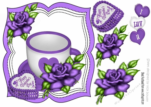 Morning cuppa for the one i love, with purple heart & rose