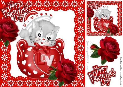 cute kitty in teapot with valentine red roses 8x8
