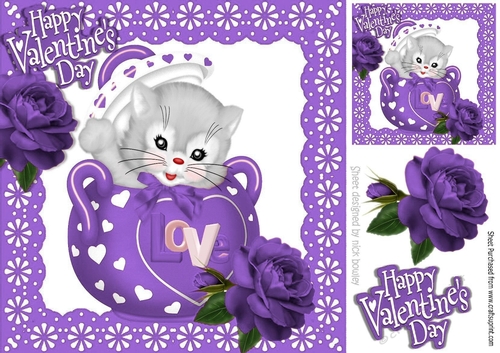 cute kitty in teapot with valentine purple roses 8x8