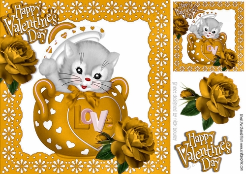cute kitty in teapot with valentine gold roses 8x8