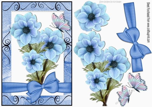 pretty blue flowers with bow and butterflies