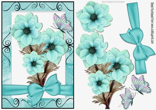 pretty turq flowers with bow and butterflies