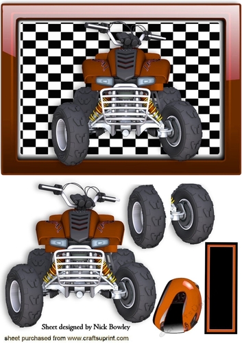 Brown quad bike with crash helmet