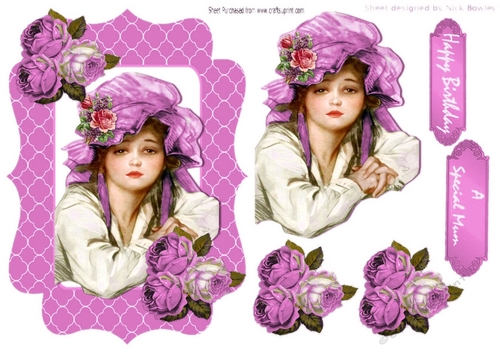 pretty vintage girl in bonnet with  painted pink roses
