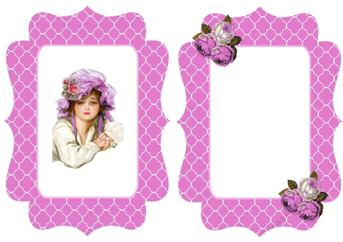 pretty vintage girl in bonnet with  painted  pink roses insert