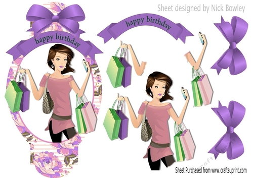 I Love to shop, in floral ornate card front with purple bow