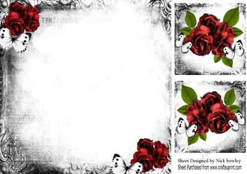 Pretty red  vintage roses in monogram frame with butterflies 8x8 insert
