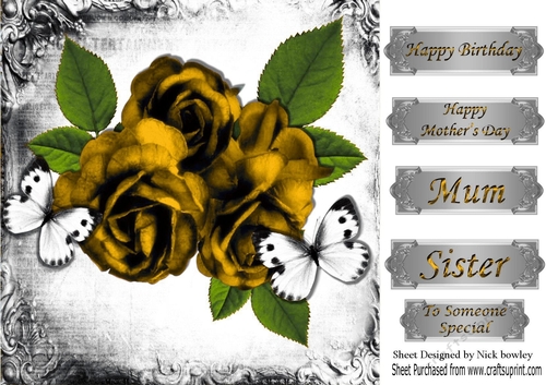Pretty gold  vintage roses in monogram frame with butterflies 8x8