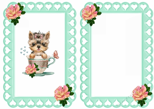 cute little yorkie in a teacup with roses and bow A5 insert