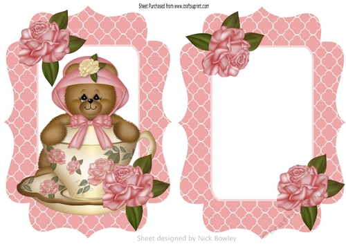 Cute little bear in a teacup with pink roses card front/insert