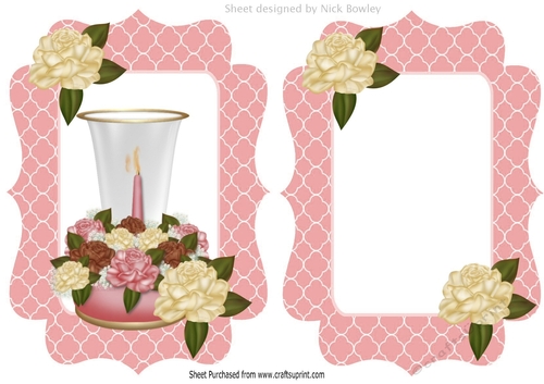 Pretty ornament candle in glass holder with cream roses card front/insert