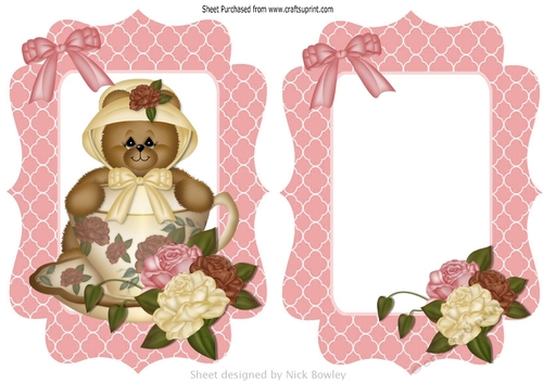 sweet little bear in a teacup with pink/cream roses card front/insert