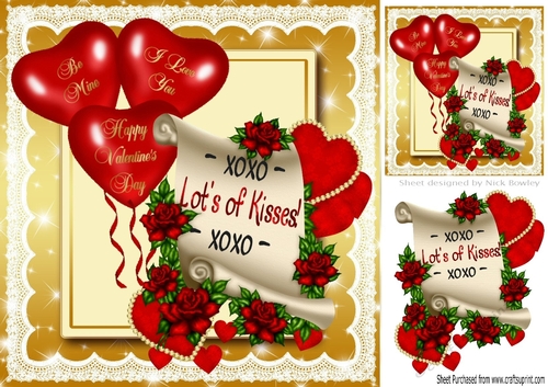 Hearts & Roses on a scroll with balloons 8x8