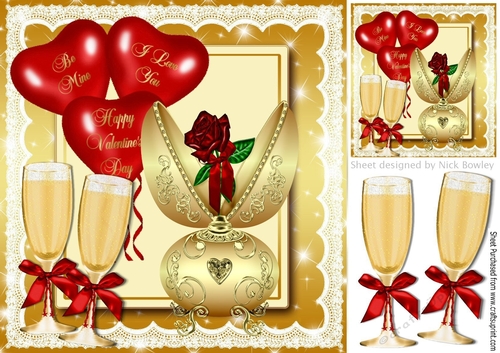 Gold faberge egg with red rose,  heart balloons & champers 8x8