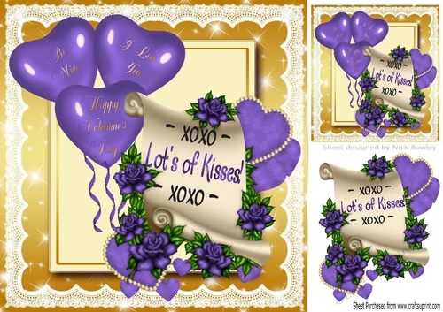 Hearts &  Purple Roses on a scroll with balloons 8x8