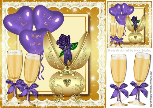 Gold faberge egg with purple rose,  heart balloons & champers 8x8