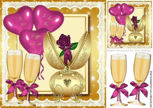 Gold faberge egg with pink rose,  heart balloons & champers 8x8