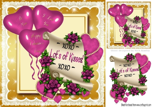 Hearts & pink Roses on a scroll with balloons 8x8