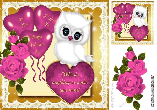 OWL do anything to make you mine! with balloons, hearts &  pink roses 8x8