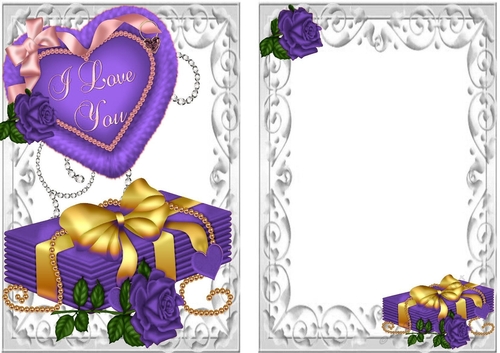 Love letters, purple rose and big fur heart I LOVE YOU cardfront/insert