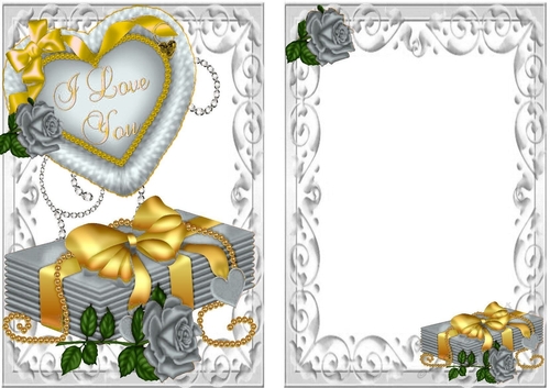 Love letters, silver rose and big fur heart I LOVE YOU cardfront/insert