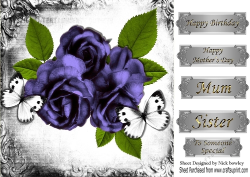 Pretty purple  vintage roses in monogram frame with butterflies 8x8