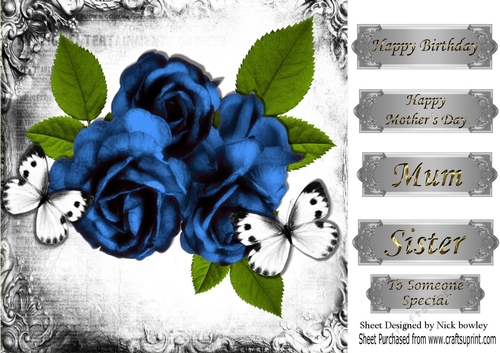 Pretty blue  vintage roses in monogram frame with butterflies 8x8