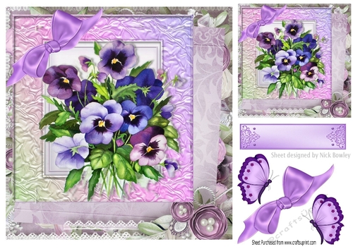 pretty purple shades of pansies with butterflies & bow 8x8