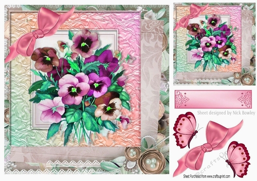 pretty pink shades of pansies with butterflies & pink bow 8x8