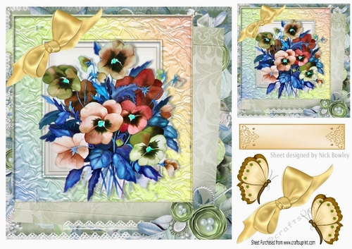 pretty pansies with butterflies & gold bow 8x8