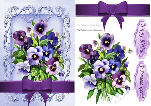 pretty lilac shades of pansies with bow in scroll frame