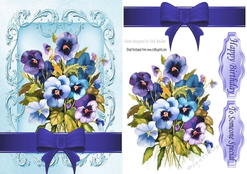 pretty blue shades of pansies with bow in scroll frame
